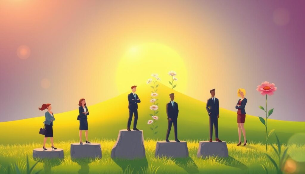 An uplifting illustration of figures climbing gentle stepping-stones lined with blooming flowers toward a warm sunrise, symbolising the stages of emotional growth.